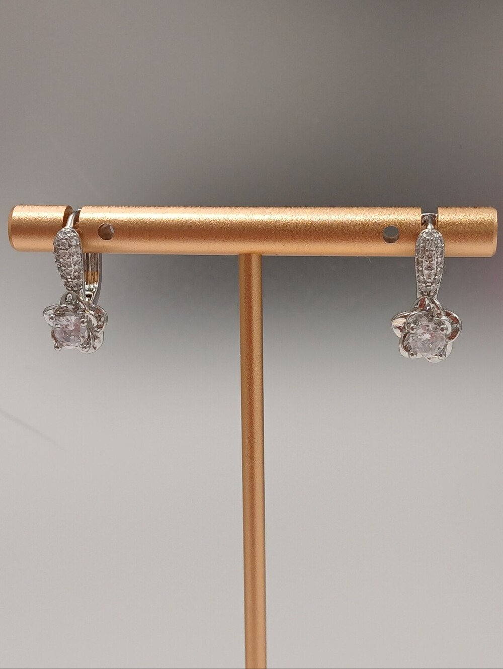 New! 18k White Gold Flower Drop Earrings with CZs Snap Back